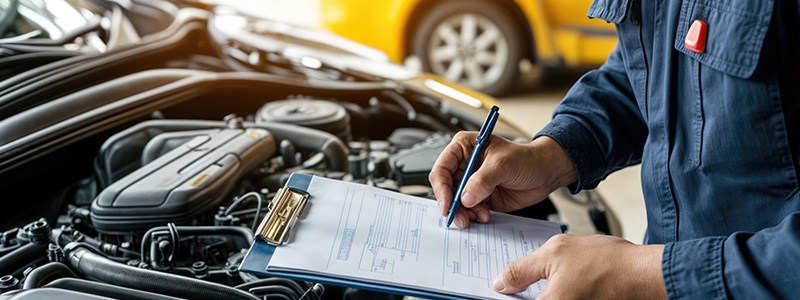 Autohaus Mitarbeiter notiert Infos zum Fahrzeug