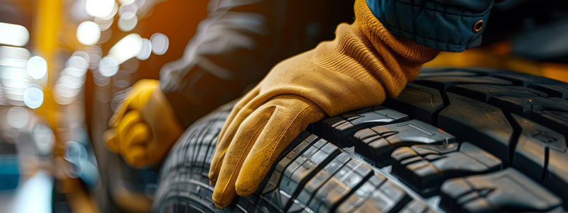 Werkstatt Mitarbeiter hält Reifen fest